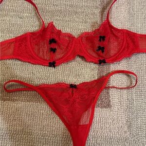 Adore Me Red Lace Bra & Thong Set with Black Bows 34A Small